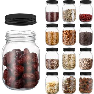 novelinks 16 oz Plastic Storage Jars with Metal Lids  12 Pack BPA-Free Clear Food Containers for Pantry, Spices, Snacks, Crafts  Airtight & Leak-Proof Reusable Jars for Kitchen and Home Use (Black)