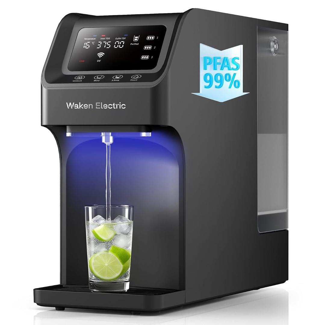 Waken Electric UV Countertop RO Water Filter, NSF/ANSI 58&61 Certified, 8 Stage Filter, TDS Monitor, 4:1 Drain, No Install, PFAS Free (Black)