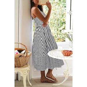 Colysmo Women's Summer Maxi Dresses 2025 Trendy Striped Vacation Boho Beach Spaghetti Strap Sundress Back Tie with Pockets, S