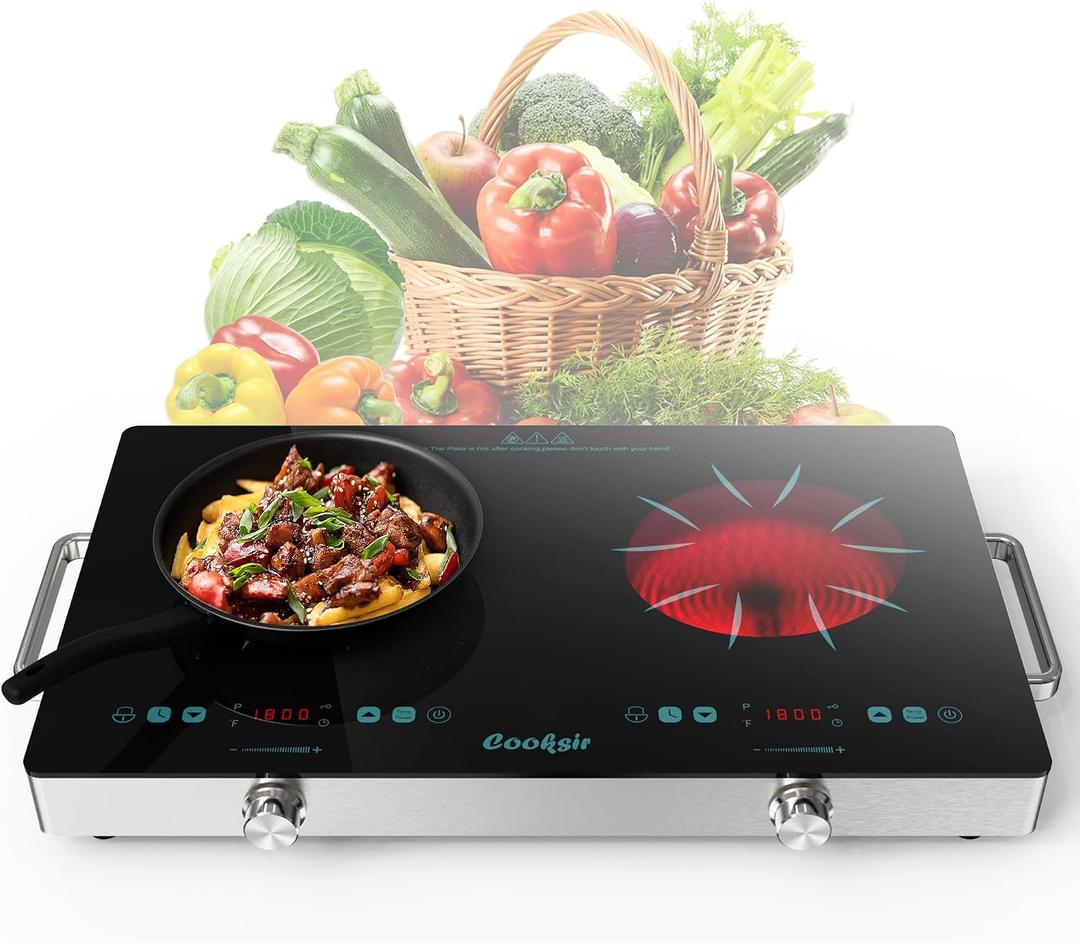 2 Burner Electric Cooktop - 24 Inch Portable Electric Stovetop 110V, 2000W Countertop Tow Burner Ceramic Cooktop with LCD Control Panel, Child Lock, Timer, Knob Control with Plug (Green), 22.2 inches x 13.1 inches