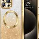 Hython for iPhone 15 Pro Max Case Clear Magnetic Glitter Phone Cases [Compatible with MagSafe] Full Camera Lens Protector Slim Gradient Sparkle Luxury Plating Shockproof Protective Cover Women, Gold