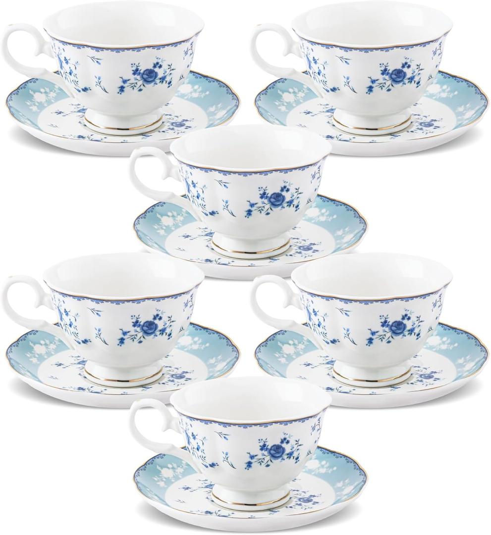 fanquare 5 Ounces Blue Rose Tea Cup Set of 6, Gold Trimmed Porcelain Coffee Cups for Party Home, Vintage British Afternoon Cup and Saucers