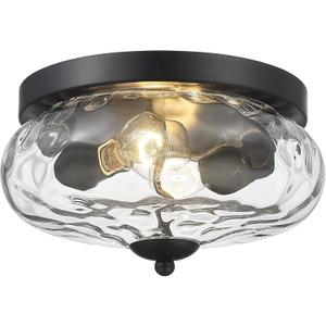 Darkaway Ceiling Light Fixtures Flush Mount Indoor Outdoor Ceiling Light with Water Ripple Glass Shade for Hallway Kitchen Bedroom Porch Living Room Black Finish (11inch)