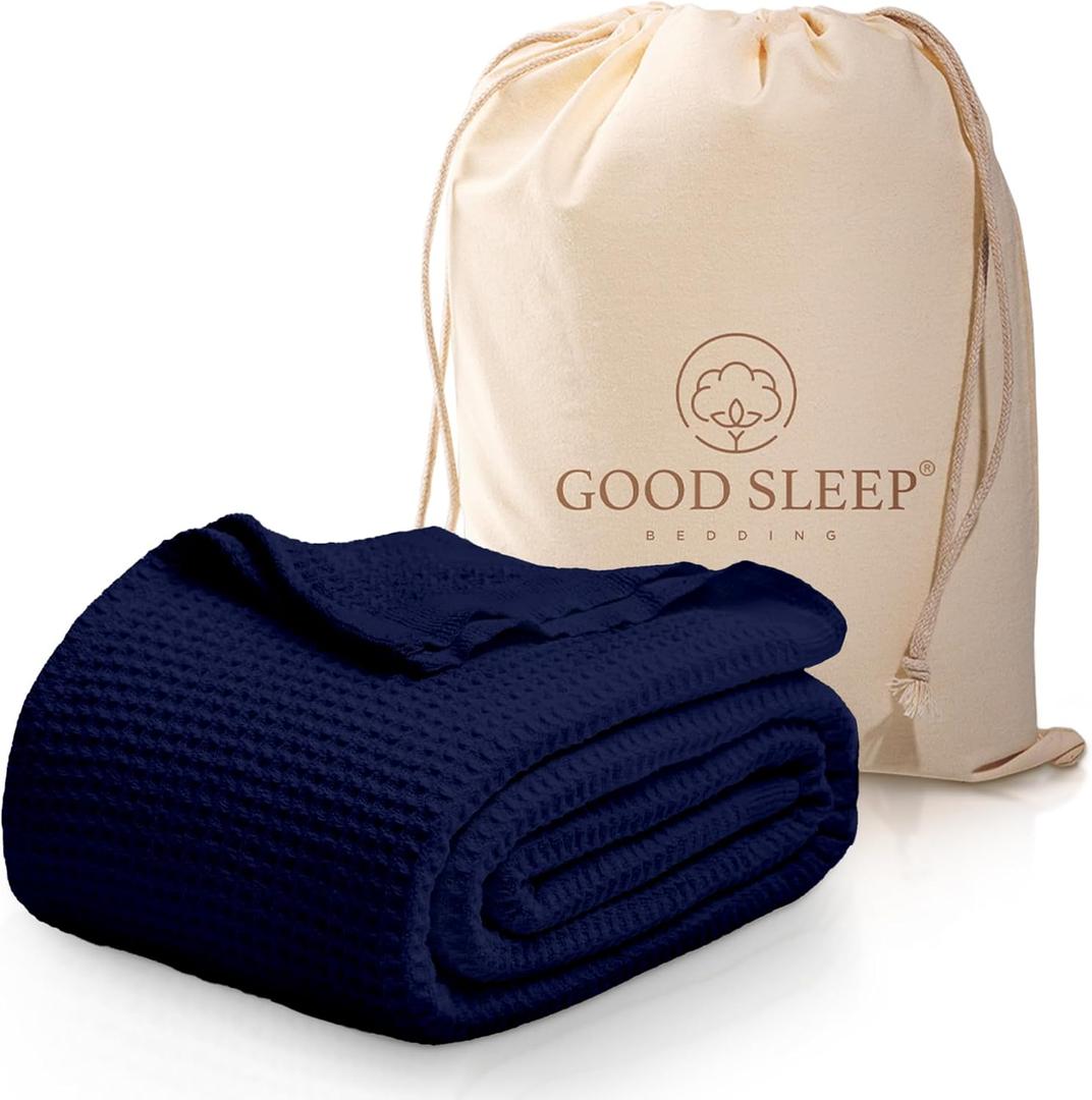 Good Sleep Premium Cotton Bedding - Waffle Weave King Size Throw Blanket, 100% Cotton - Navy Blue (King / California King (104" x 90"))