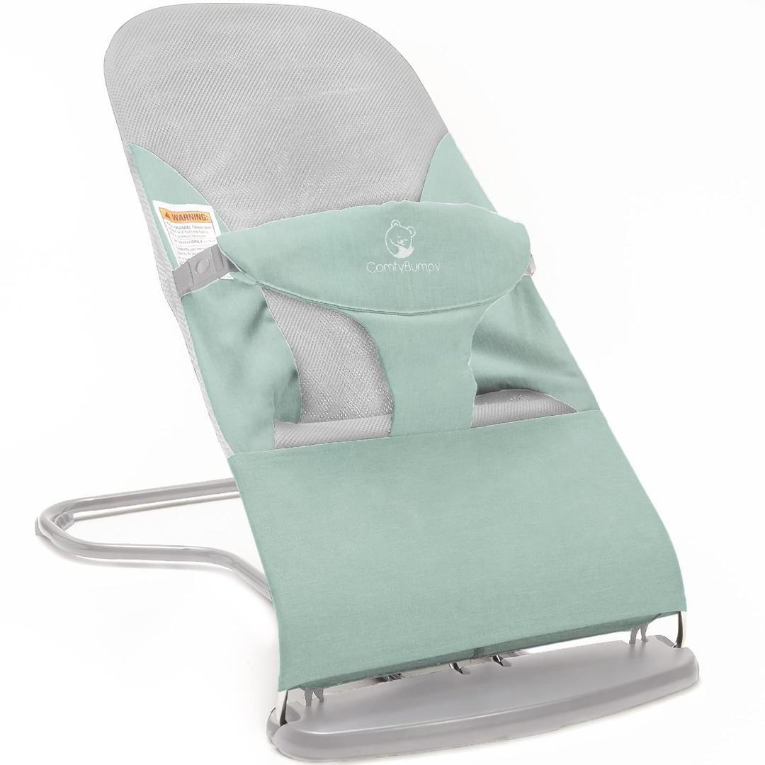 ComfyBumpy Ergonomic Baby Bouncer Seat - Bonus Travel Carry Case - Safe, Portable Bouncing Chair with Adjustable Height Positions - Infant Bouncy Seat Perfect for Newborn Babies (Green)