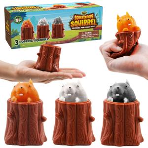 Yoya Toys Squeeze pops Squirrel in Log Squeeze Toy - Squirrel Fidget Popper, Pop Up Fidget Toy - Toy Squirrel, Popping Squeeze Squirrel, Autism/ADHD Fidget Toys - Set of 3 Squirrel Toy