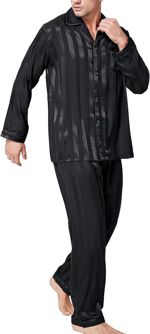 Lonxu Pajamas Set Mens Silk Satin Pajamas Long Sleeve Loungewear Two-Piece Sleepwear Button-Down Pj Set S-XXXXL (Small)