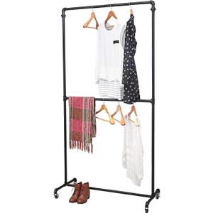 Industrial Pipe Clothing Racks on Wheels Double Hanging Rod Metal Clothing Rack,Heavy Duty Commercial Display Garment Rack,Vintage Retail Rack Hanging Weight Rack, Metal Ballet Rolling Racks,Black