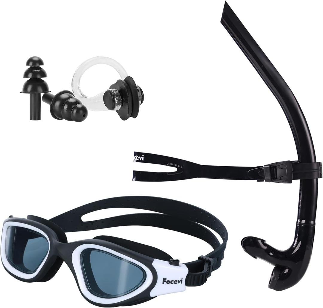 Swim Snorkel for Lap Swimming Set,Includes Snorkel, Goggles, Nose Clips and earplugs, Front Swimming Snorkeling Training for Adult/Youth,Swimmer Snorkle Center Mount Snorkle Tube