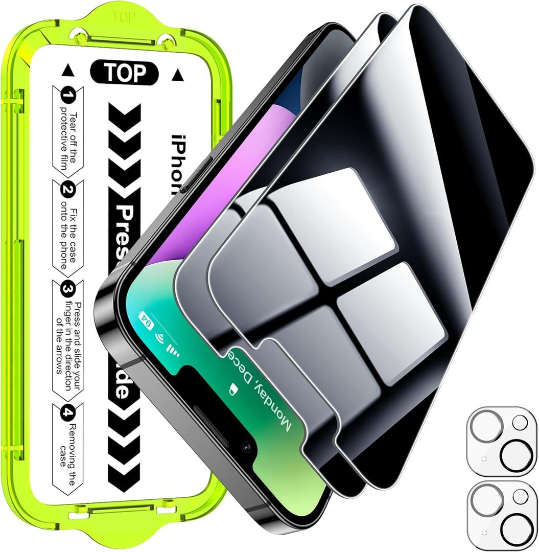 Esanik [2+2 Pack for iPhone 14 Privacy Screen Protector  Anti-Spy Tempered Glass & Camera Lens Cover, Military-Grade 9H Hardness, Anti-Scratch, Flawless Fit Tray