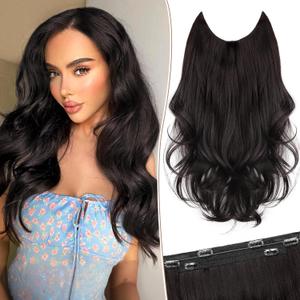 KooKaStyle Invisible Wire Hair Extensions Long Wavy Layered Synthetic Hair Extensions with Transparent Wire Adjustable Size 6 Secure Clips Dark Brown/6# Hairpieces for Women 16 Inch