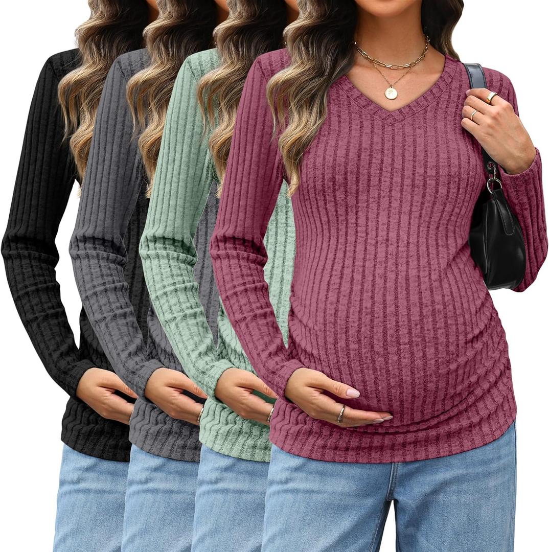 4 Pack Maternity Shirts V Neck Long Sleeve Pregnancy Clothes Ribbed Fit Women's Sweaters Winter Mama's Thermal Top (Large, Fuchsia, Green, Dark Gray, Black)