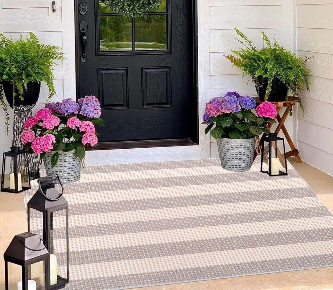 BUAGETUP Outdoor Rug 3'x 5',Grey and White Striped Area Rug Hand-Woven Cotton Porch Rug Machine Washable Indoor/Outdoor Area Rug Floor Mat for Farmhouse Living Room Bedroom