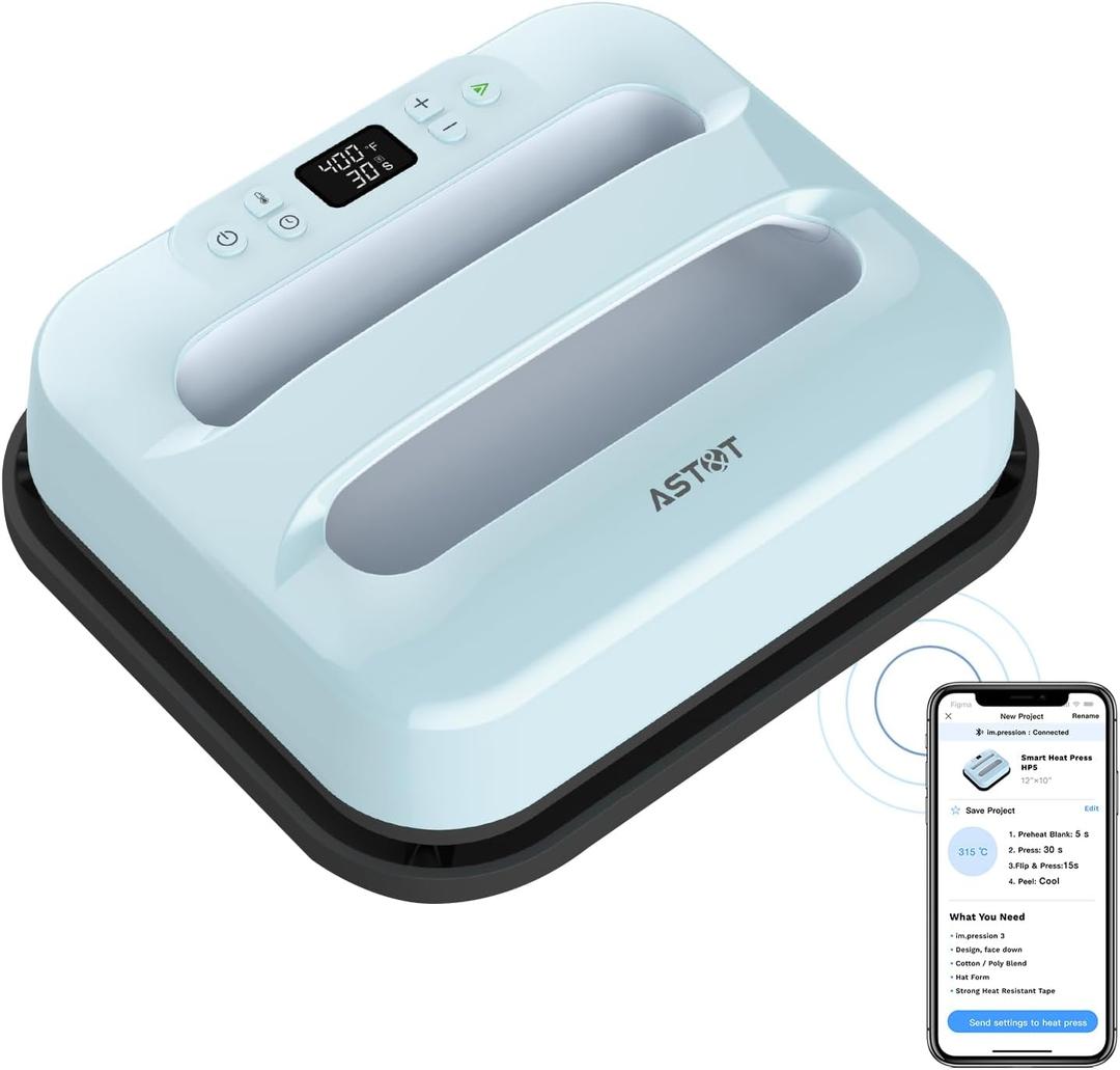 AST&T Heat Press Machine 12" x 10" Portable & Easy Heat Press for T-Shirts, Pillows, Tote Bags & More White (Heat Press Blue)