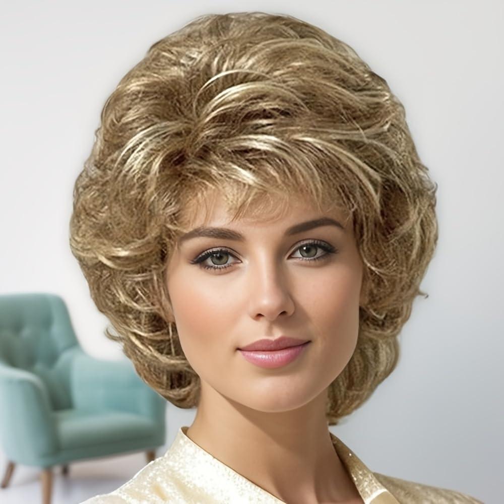 Women's Elegant Short Blonde Curly Wig with Bangs Golden Layered Wavy Curly Bob Hair Natural Looking Heat Resistant Synthetic Daily Party Wigs for White Women