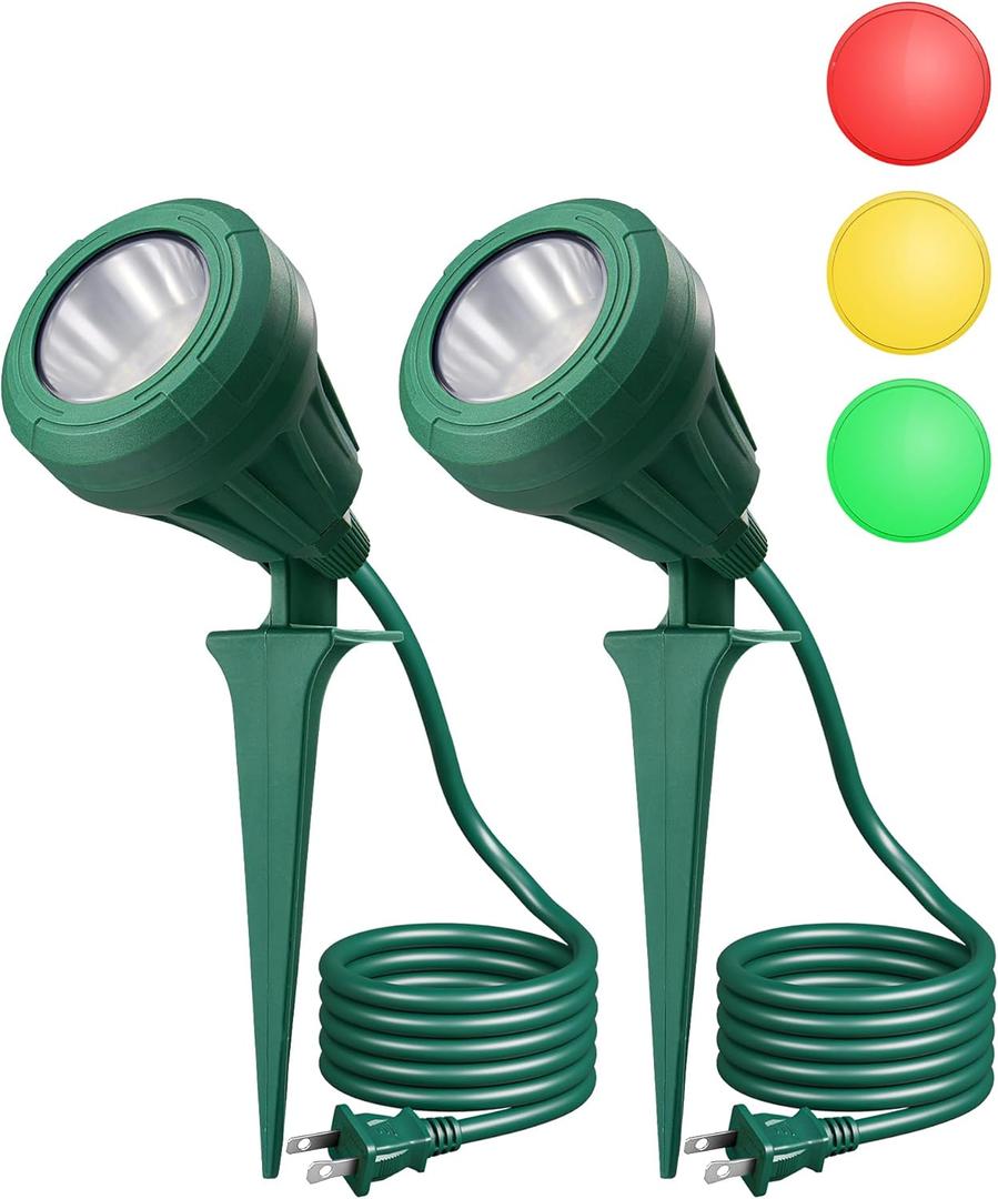 EDISHINE LED Outdoor Spotlights, 120V 5.5W Plug in Spot Light with 3 Lenses (Red Green Yellow), 180 Rotatable, 5000K, Waterproof Landscape Lighting for Flag Tree Garden, 2 Pack