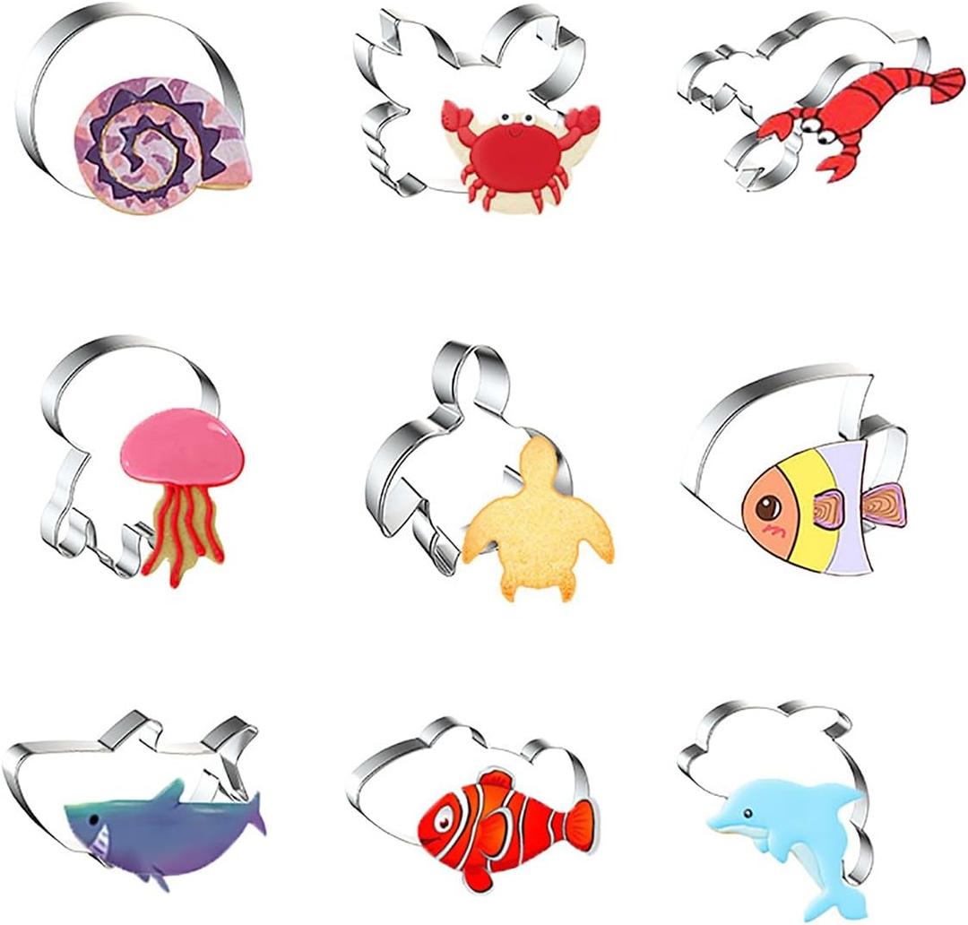 Ocean Creature Cookie Cutters 9 Piece Set Nautilus Shell Crab Lobster Jellyfish Turtle Tropical Fish Shark Clownfish Dolphin - e
