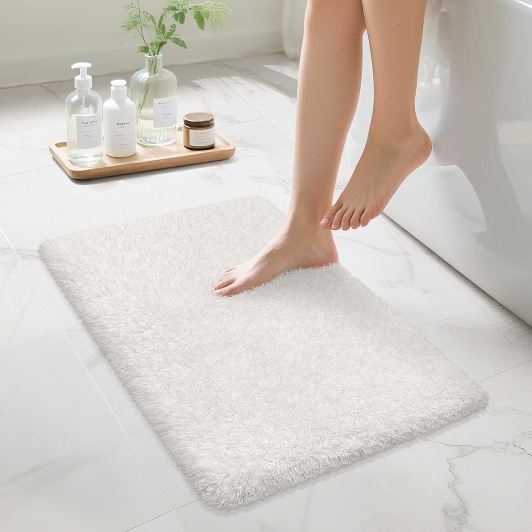White Bathroom Rugs Non Slip 24"x16", Absorbent Bath Mats Quick Dry, Shaggy Microfiber Bath Rugs, Extra Soft Plush, Machine Washable Bath Mats for Bathroom Floor, Tub and Shower