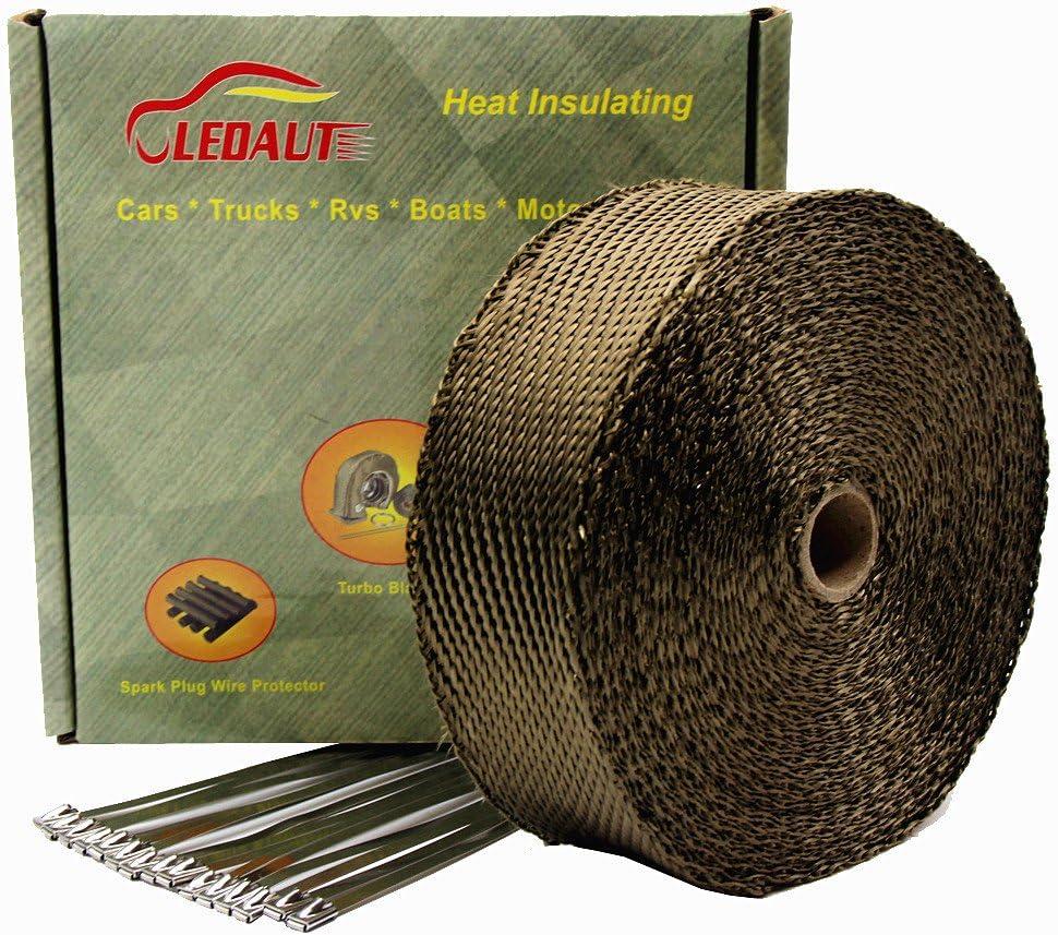 2"x 50' Twill Weave Motorcycle ATV Titanium Exhaust Heat Shield Wrap with 11.8" Locking Ties (Pack of 15)