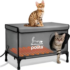 Polita Indestructible Heated Cat House for Outdoor Cats in Winter, Extremely Insulated & 100% Weatherproof, Elevated Feral Cat Shelter with Waterproof Eaves & Safe Escape Door for Stray & Barn Cats (Dark Gray)