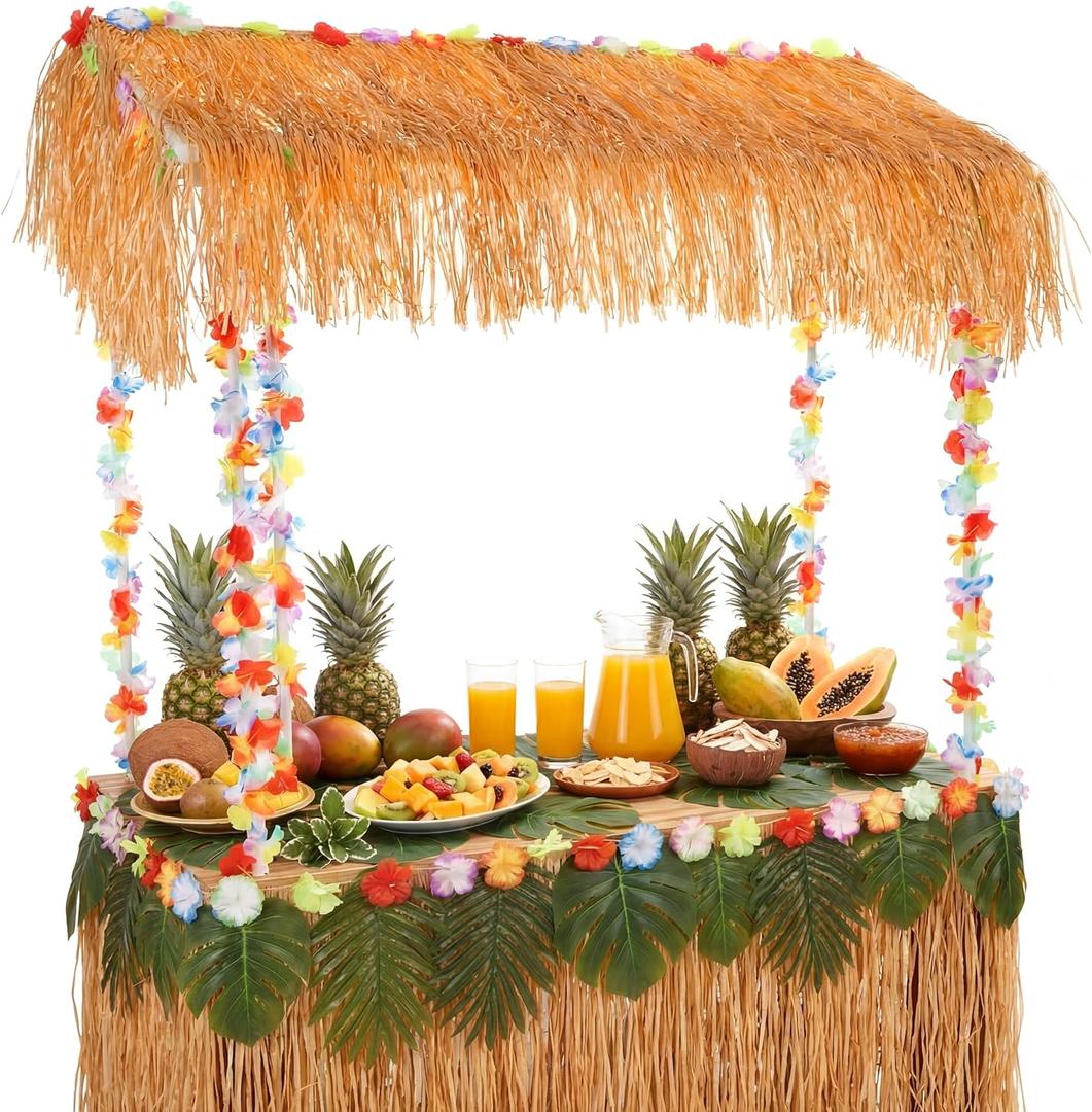 8 Pcs Tiki Bar Stand Supplies Tiki Hut Decorations Hawaii Luau Party Decorations with 1 Set White Plastic Stand 1 Thatch 2 Monstera Leaf Banners 4 Tinsel for Summer Party Supplies Outside Patio