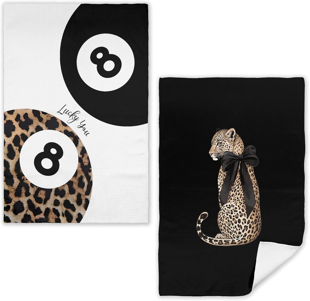 Trendy Lucky Cheetah 8 Ball Kitchen Towels Set of 2, Funky Leopard Black and White Dish Tea Towels for Kitchen Decor, Retro Y2K Aesthetic Hand Towels for Bathroom Decor, 16x24 Inch,C059 (06child)