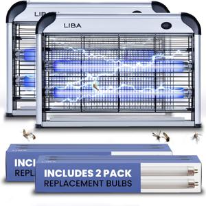 LiBa Electric Bug Zapper (2-Pack) Indoor Insect Killer - (4) Extra Replacement Bulbs - Fly, Mosquito Killer and Repellent - Lightweight, Powerful 2800V Grid, Easy-to-Clean, Removable Washable Tray