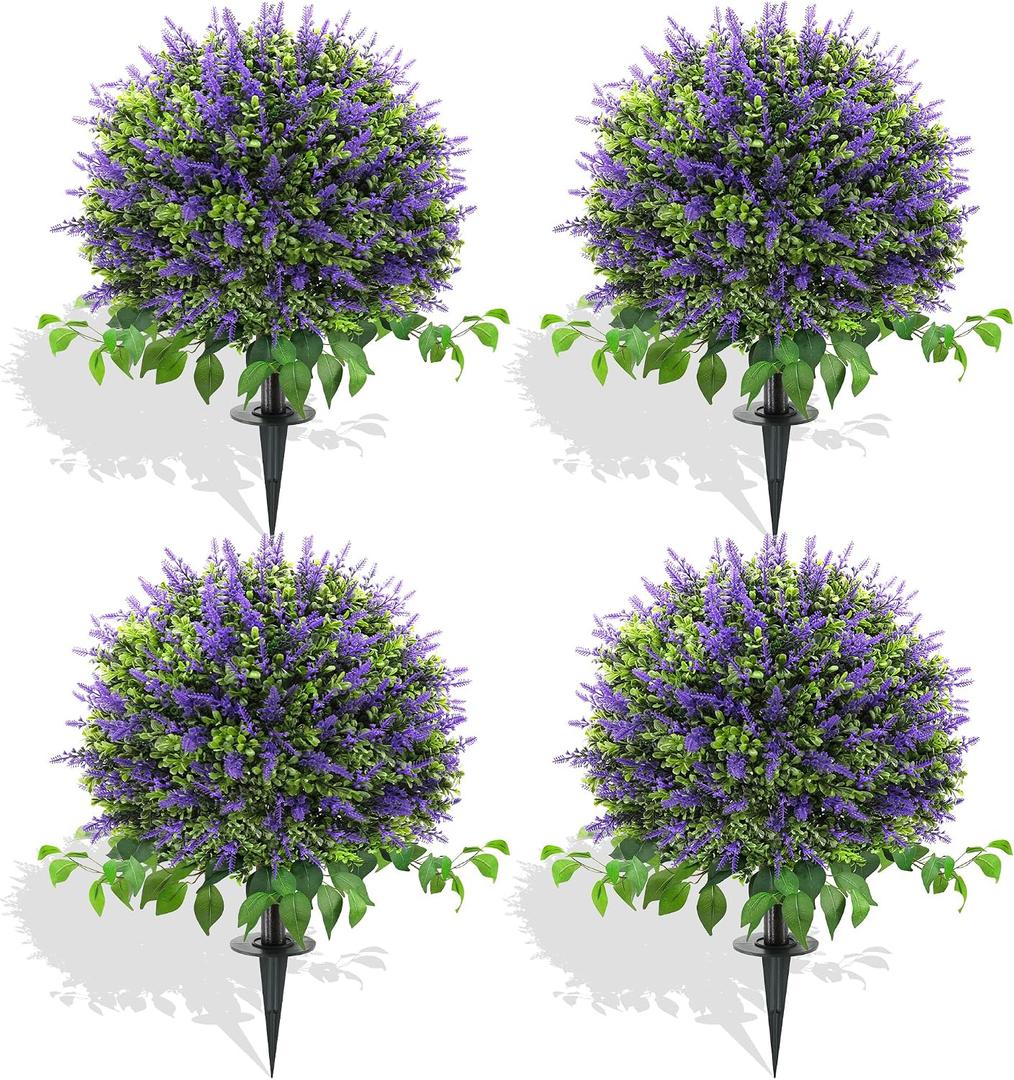 28" Artificial Boxwood Topiary Ball with Lavender, UV Resistant Topiary Tree Faux Boxwood Ball Shaped Porch Bushes with Ground Spike Artificial Bushes for Outdoors Front Door Decor Home Garden