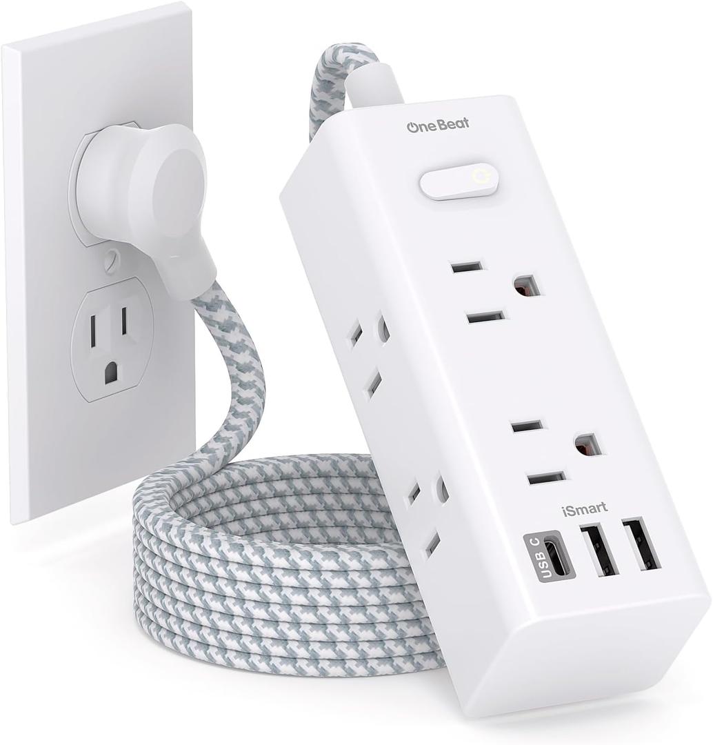 Power Strip Surge Protector - One Beat 6 Widely Outlets with 3 USB Ports (1 USB C), 5 Ft Extension Cord Flat Plug, Wall Mount Outlet Extender Small Power Strip for Travel Home Office College Dorm Room (5FT)