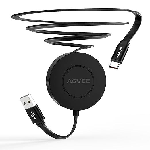 AGVEE 0.3ft Fixed / 2.3ft Extend USBC to C Charger Cable Mountable One Way Retractable 60W Fast Charging Cord, PocketSized for iPhone 16 15, Samsung, Android, Desk Organizer, Black