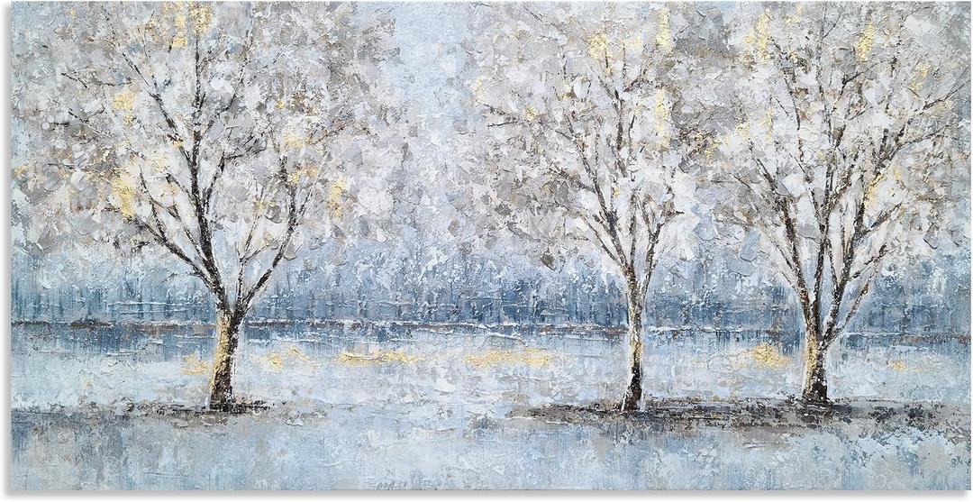 NdcSkyArt Blue Grey Tree Paintings Hand Painted Canvas Wall Art with Gold Foil Modern Abstract Grey Contemporary Rustic Farmhouse Family Tree Landscape Pictures Scenery Artwork, 32"L x 16"W