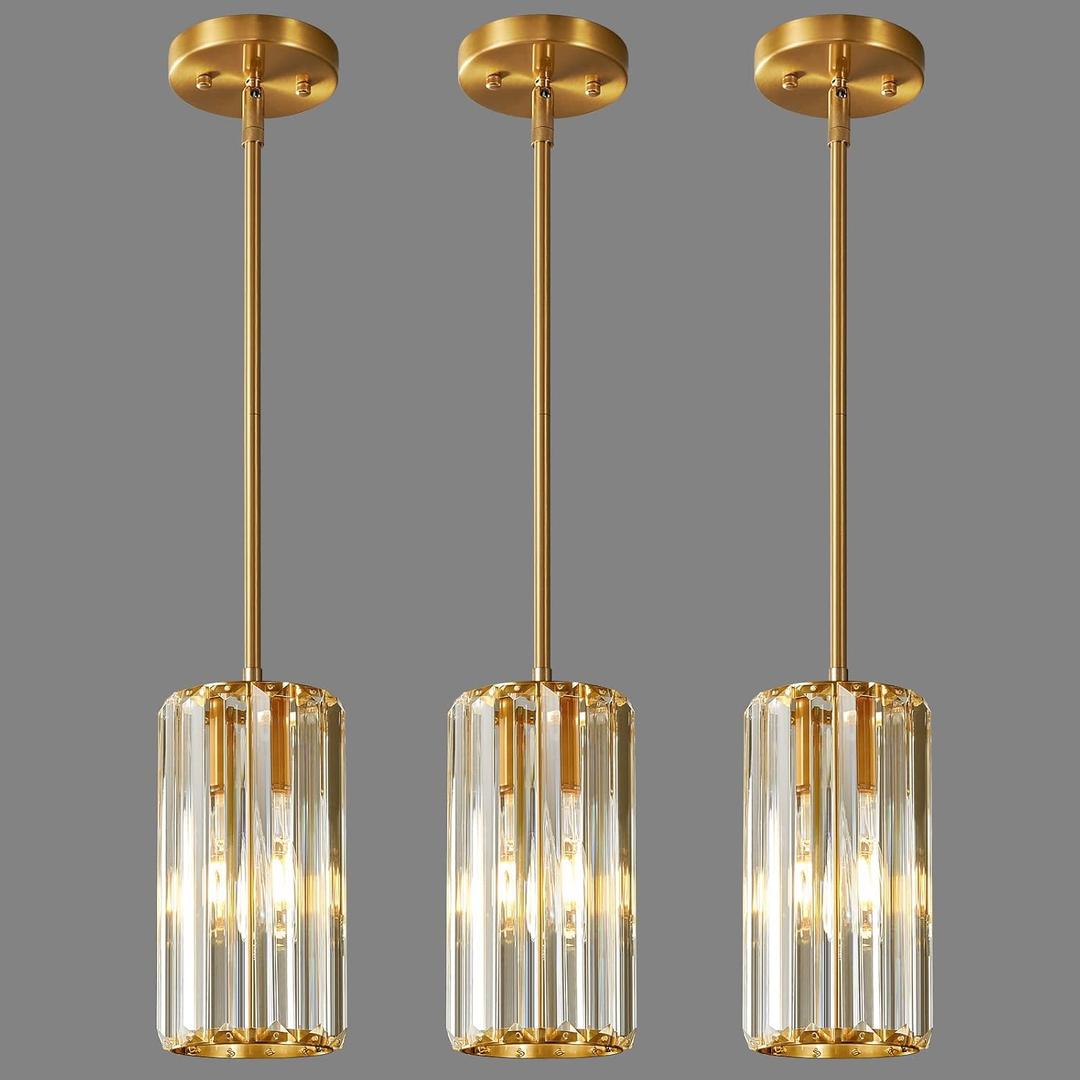 Gold Pendant Lighting Modern Pendant Light Mini Crystal Chandeliers Adjustable Pendant Light Fixture for Kitchen Island Dinning Room Corridor Bedroom(Gold 3-Pack)