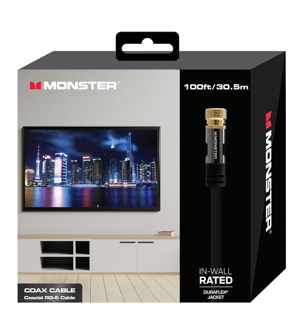 Monster 100 Foot RG-6 Quad Shield Coaxial Cable for High-Speed Internet, TV - Duraflex Waterproof & Weatherproof, UL CL2 Rating for In-Wall, Outdoor, Indoor Use, Gold Plated F-Pin