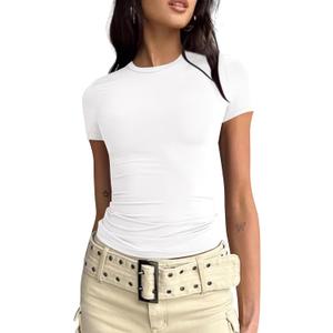 BAIGRAM Womens Basic Slim fit Crop Top Tee Shirt Short Sleeve Workout Round Neck Cropped Tshirt (Medium, White)