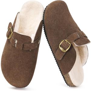 Women's Fur Lined Suede Clogs, Men's Fuzzy Leather Mules, Cork Footbed Slip On Winter Potato Shoes with Arch Support (9.5 Women/8.5 Men, Coffee)