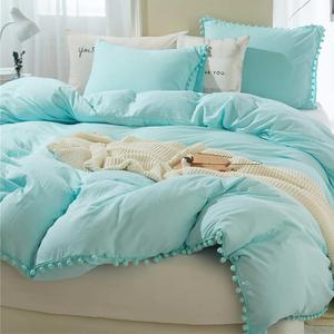 ETDIFFE Turquoise Pom Duvet Cover Queen Size - 3 Piece Aqua Boho Bohemian Farmhouse Microfiber Comforter Cover Set - Soft and Lightweight Quilt Cover, Solid Teal Pompom