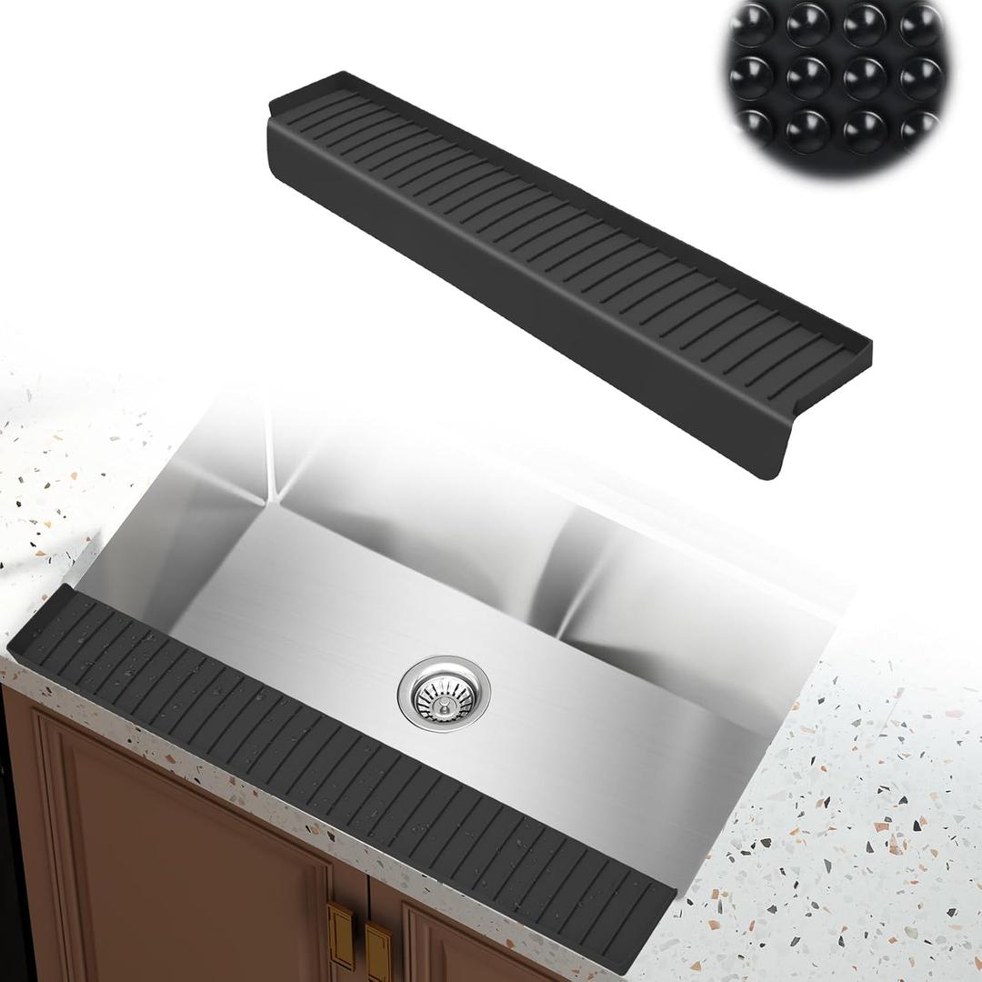 Kitchen Sink Splash Guard, 4 * 24 Sink Edge Protector with Suction Cups, Silicone Faucet Splash Guard & Draining Mat for Kitchen, Bathroom Sink, Steel, Granite, Quartz Countertops (Black)