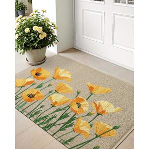 LUMI Spring Floral Door Mat, Low Profile Thin Mesh Doormats, Dirt Trapper Stain Resistant Welcome Mats, Waterproof Outside Mat for Home Decor, 18"x30", Beige