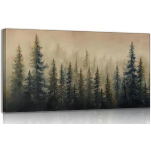 Large Misty Forest Landscape Canvas Wall Art Green Pine Tree and Foggy Mountains Scenery Picture Wall Decor Abstract Nature Woodland Poster Oil Painting Print Artwork for Living Room Bedroom Office (48"L x 24"W)