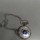 Tiong Pocket Watch Hollow Blue Star Design Roman Numerals Quartz with Chain Christmas Birthday Gifts