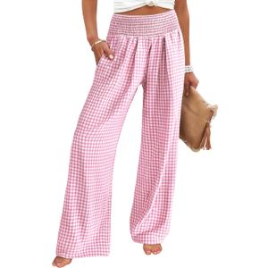 ANRABESS Womens Palazzo Pants, Striped & Gingham, Lounge & Casual, Cute Pajama Pants, Wide Leg, High Waisted, Pockets (Large, Pink White Plaid)