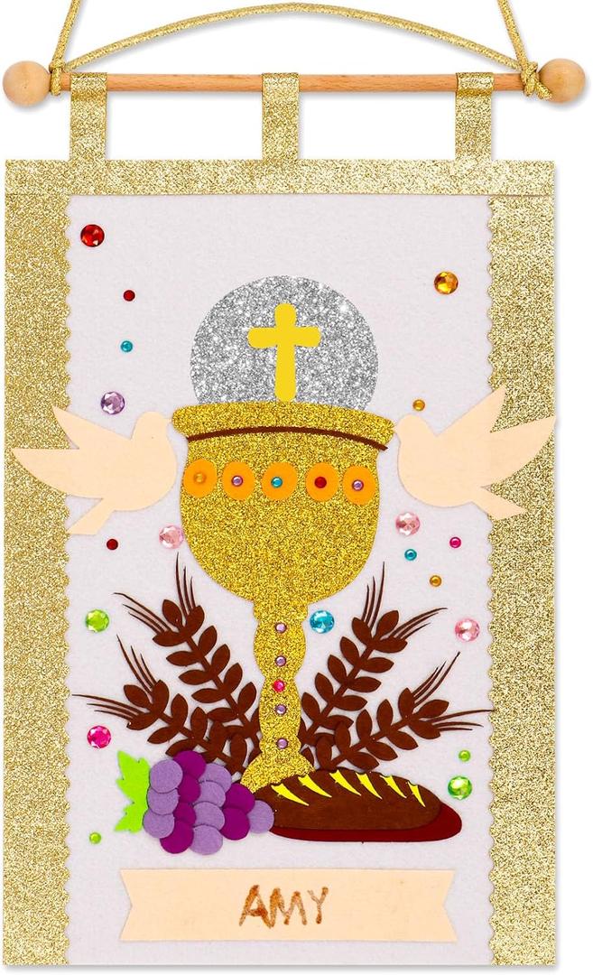 First Communion Banner Kit for Boys Girls 9 x 14 Inch First Holy Communion Banner kits Sunday School DIY Arts and Crafts kit for kids first communion gifts for Boys or Girls (Gold)