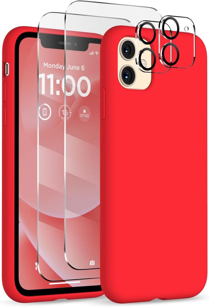 for iPhone 11 Phone Case, [2X Screen Protector + 2X Camera Protector], Liquid Silicone Ultra Slim Shockproof Protective Cover, Soft Microfiber Lining with iPhone 11 Case 6.1", Red