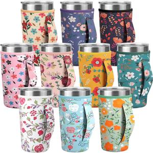 Layhit 10 Pcs Wildflower Coffee Cup Sleeves Reusable Floral Neoprene Cup Sleeve with Handle for 30 oz Cold Hot Drinks Beverages Tumbler, Wildflower Party Favors Gift Bulk
