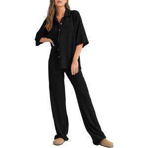 SHEWIN Women's 2 Piece Outfits Waffle Knit Lounge Sets Casual Short Sleeve Button Down Sleepwear Pajamas Set (X-Large, Black)