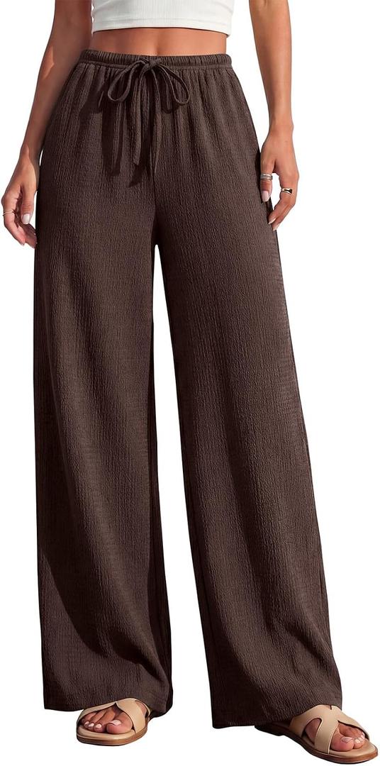 PRETTYGARDEN Women's Pants Casual High Waisted Palazzo Pants for Women with Pockets Textured Wide Leg Stretch Maternity Pants (Brown, Small)