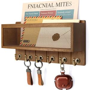 Rebee Vision Key Holder Wall Mount with Mesh Mail Basket  Mail Organizer for Wall Decor with 6 Key Hooks for Entryway, Kitchen  Functional Home Decor & Space-Saving Wooden Organizer (Golden Hook) (Light Brown)