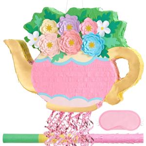 WERNNSAI Teapot Piata - Tea Party Decoration Garden Flower Piata for Afternoon Tea Party Decor Bridal Baby Shower Garden Party Supply Mothers Birthday Favor with Blindfold Stick