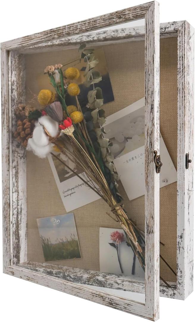 GraduatePro Shadow Box Frame 13X16 Display Case with Linen Back, Real Glass Window Door with Hinge, Picture Frame Wedding Bouquet Memorabilia Medals Photos Memory Box for Keepsakes Rustic White