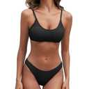 Fanuerg Women's Ribbed Bikini Sets Scoop Neck Cheeky Swimsuit Textured Two Piece Bathing Suit Black S